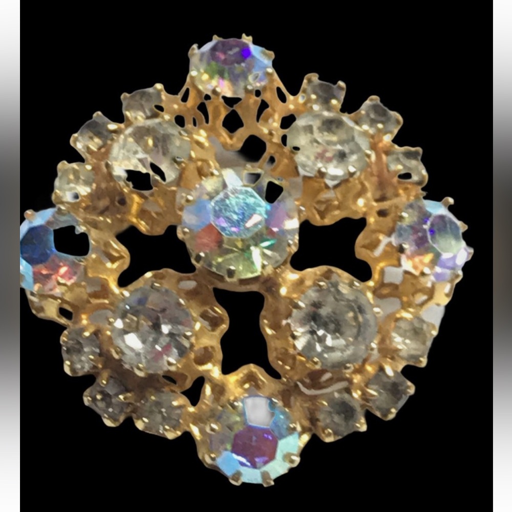 Vintage Aurora Borealis Prong Gold Tone Brooch - Picture 3 of 5